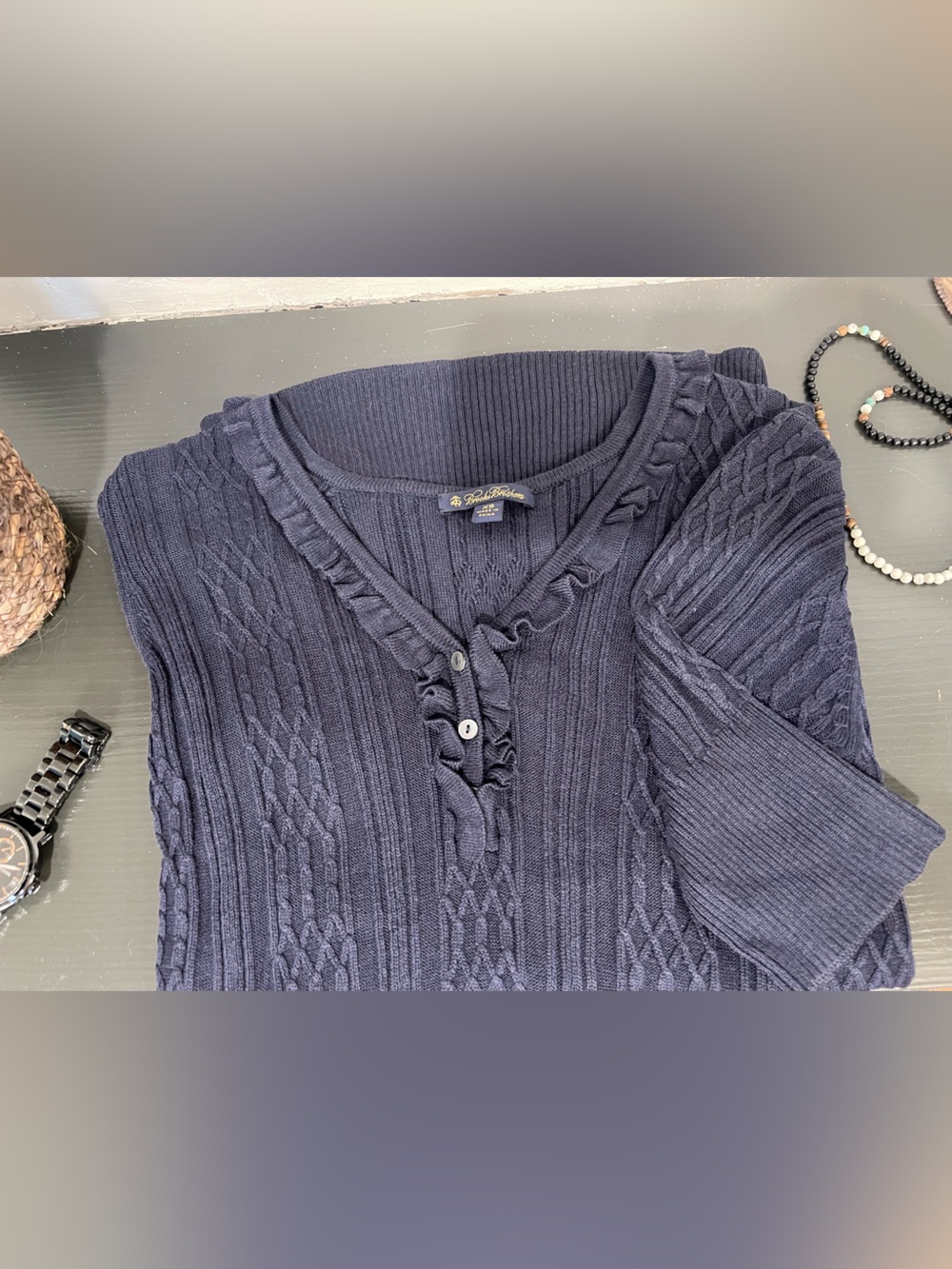 Brooks Brothers Navy Ruffle V‑Neck Knit Top - Picture 3 of 10
